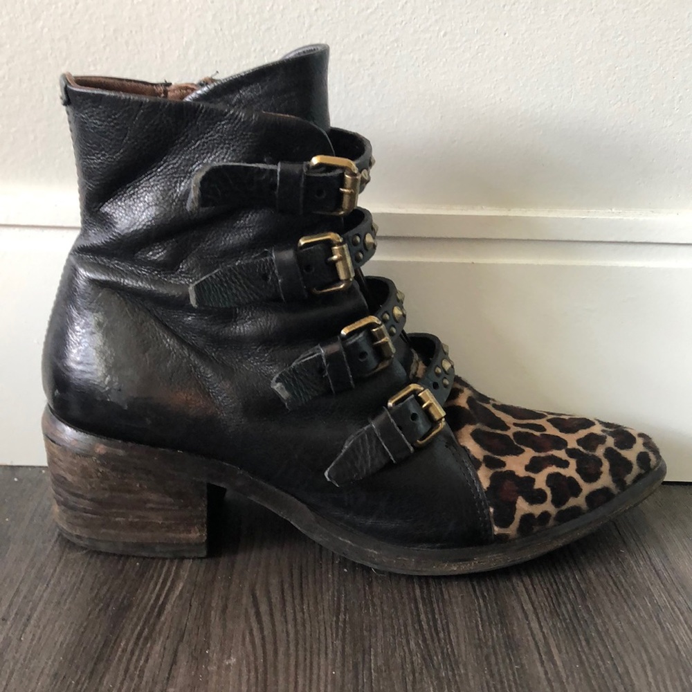 A.S.98 | Frankie Black Leather Leopard Print Calf Hair Pointed Toe Ankle Boots